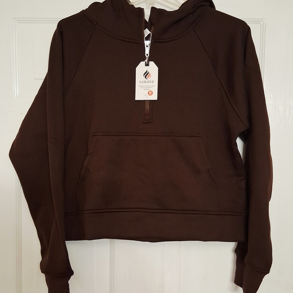 Laslulu Women's 1/2 Zip Brown Cropped Hoodie With Thumb Holes And Center Pocket